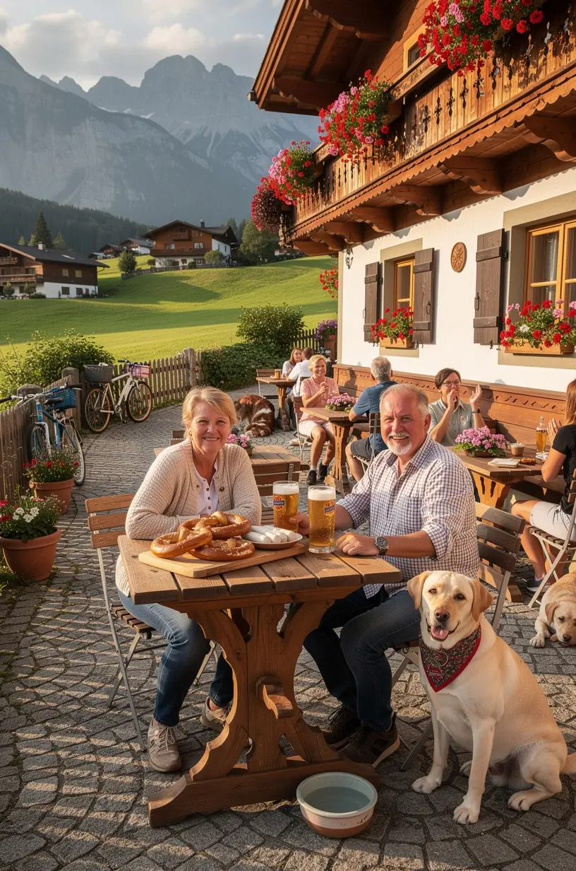 Familie mit Hund besteigt eine Regionalbahn, die haustierfreundliche Transportmöglichkeiten in Deutschland symbolisiert.